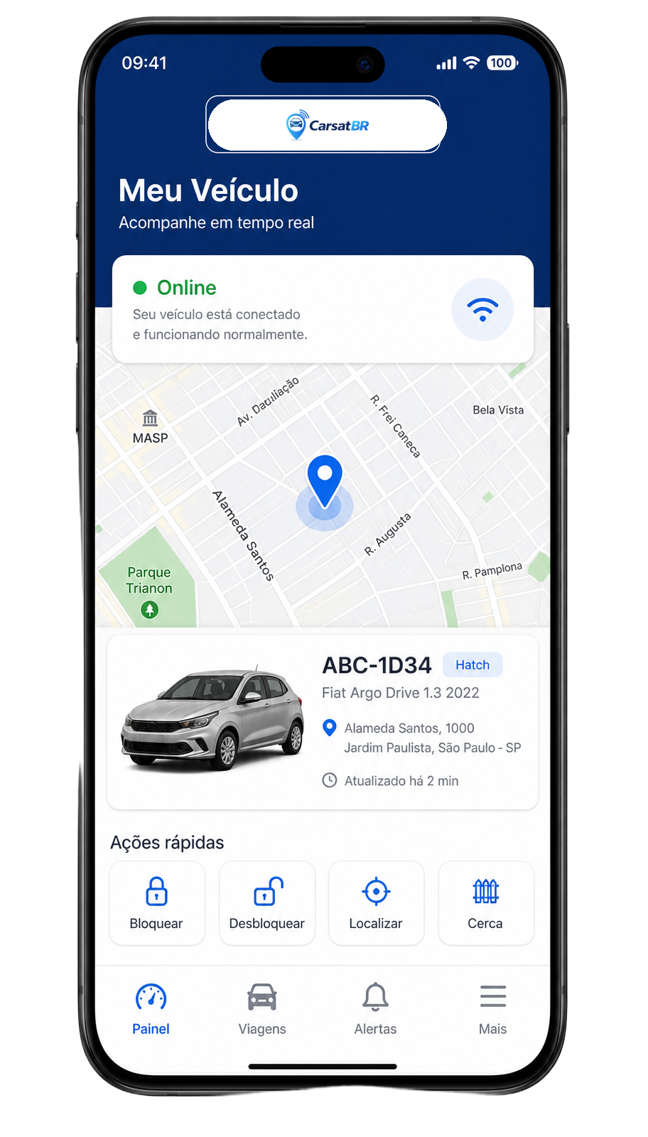 Telas do aplicativo CarsatBR com mapa de rastreamento